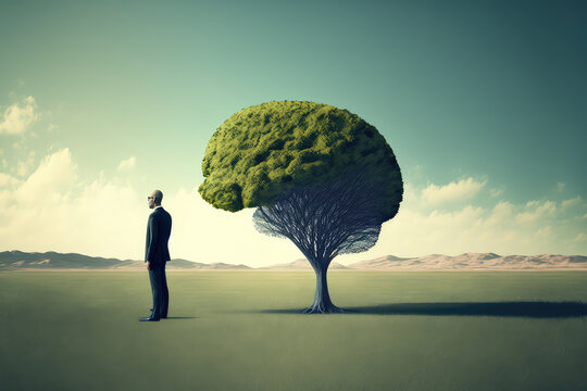 businessman near a human brain tree on head of businessman on a meadow background. (ai generated)