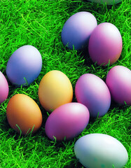Fototapeta na wymiar Colored Easter eggs on spring green grass. Seamless tile pattern. Easter good mood eggs. Generative art.