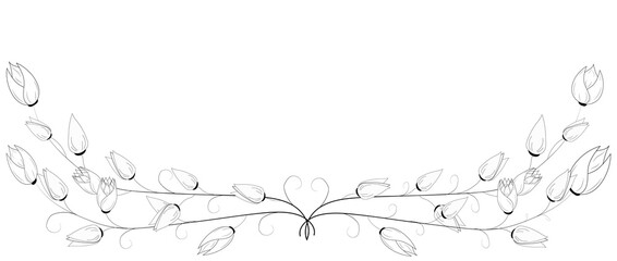 A branch of decorative tulip flowers. Floral composition, floral background with tender flowers and branches of buds. Hand drawing. For stylized decor, invitations, postcards, posters, cards, backgrou