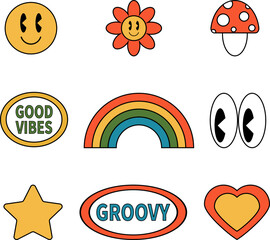 Retro 70s hippie groovy stickers, vector. Smile, flower, eyes, rainbow, fly agaric, star, heart. Caption Good vibes and Groovy.