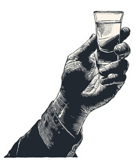 Male hand holding a shot of alcohol drink. hand drawn design element. engraving style, png