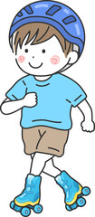 ヘルメットをかぶって、ローラースケートで遊ぶ、男の子のイラスト