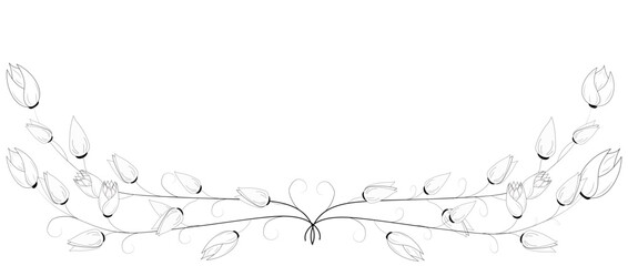 A branch of decorative tulip flowers. Floral composition, floral background with tender flowers and branches of buds. Hand drawing. For stylized decor, invitations, postcards, posters, cards, backgrou