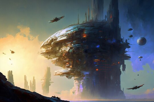 Future alien cities, superscience, control tower, spacecraft, digital art style, artificial intelligence creation