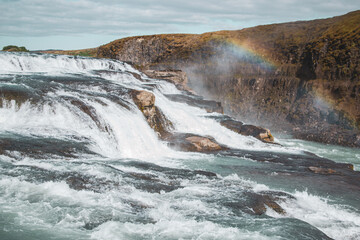 Amazing Gullfoss Waterfall in Iceland, Sunny Day, Golden Fall