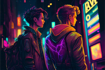 Gay lgbtq teen. Gayfriendly with the rainbow flag full of color. Ai generated. Lesbian and non-binary girls a night on the streets.