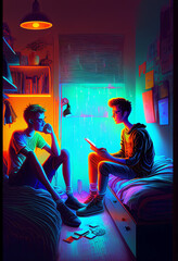 Gay lgbtq teen. Gayfriendly with the rainbow flag full of color. Ai generated. Two teenage boys spending time together in the room reading with the tablet. Children's Day.