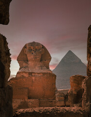 Sphinx in front of Pyramid Close-Up , Giza in Cairo, Egypt