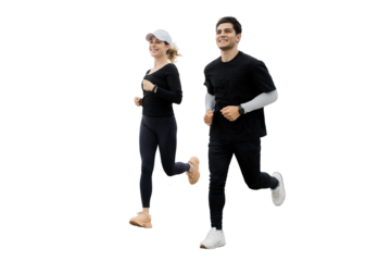 A woman and a man jogging in full-size fitness sneakers and a tracksuit, isolated transparent background.