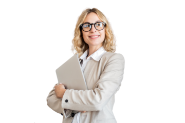 Student manager beautiful woman isolated transparent background glasses office uses laptop.