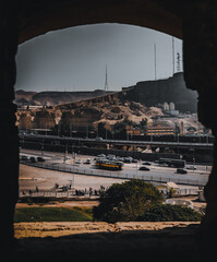 Yellow bus on a busy road in Cairo