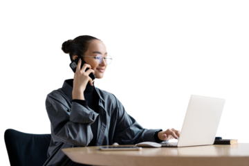 Student manager beautiful woman talking using phone office uses laptop isolated transparent background.