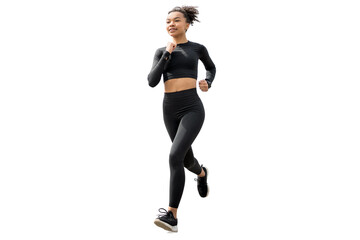 Runner Woman jogging full-length fitness running shoes and workout suit,  isolated transparent background. - obrazy, fototapety, plakaty