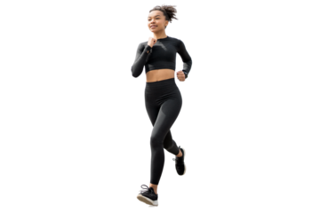 Runner Woman jogging full-length fitness running shoes and workout suit,  isolated transparent background.