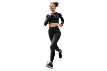 Fotobehang Runner Woman jogging full-length fitness running shoes and workout suit,  isolated transparent background. © muse studio