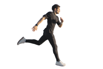 Man running jogging full-length, active training, isolated transparent background.