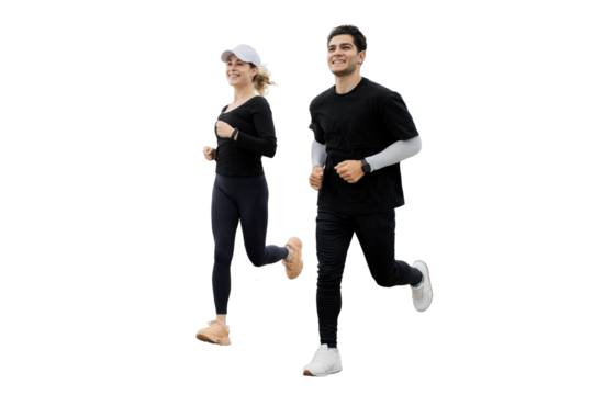 A woman and a man jogging in full-size fitness sneakers and a tracksuit, isolated transparent background.