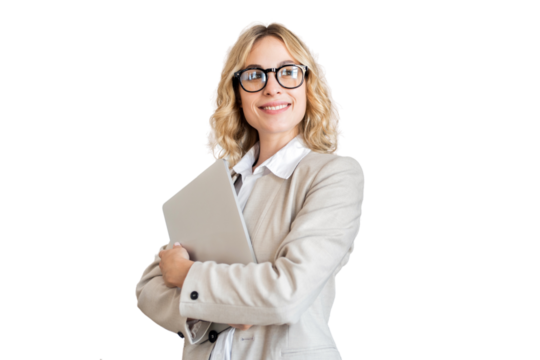Student manager beautiful woman isolated transparent background glasses office uses laptop.