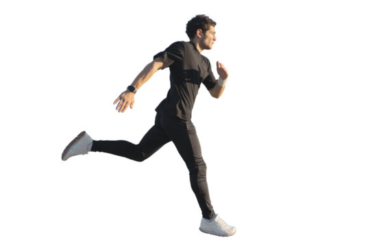 Man running jogging full-length, active training, isolated transparent background.