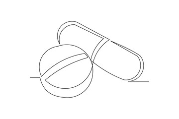 Continuous single one line drawing of medicine pill or capsule. Vector illustration of medical drug pharmacy care.
