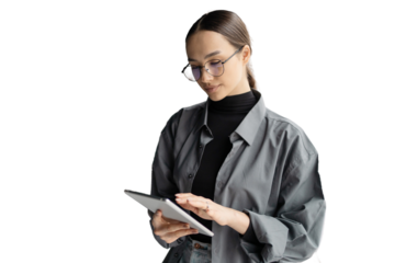 Surf the Internet Business woman glasses uses a tablet computer, isolated transparent background.