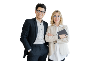 Managers a man and a woman in formal attire holding a laptop concept office employee, isolated transparent background.