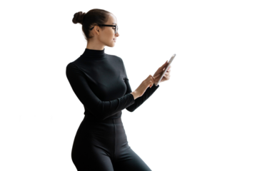 Business Woman brunette Glasses Tablet Office Formal wear, isolated transparent background. Office employee administrator