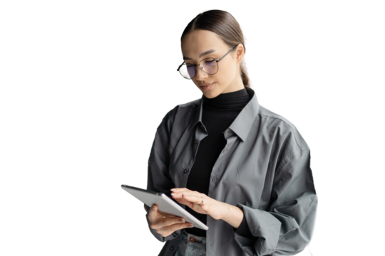 Surf the Internet Business woman glasses uses a tablet computer, isolated transparent background.