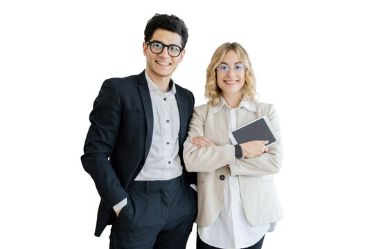 Managers a man and a woman in formal attire holding a laptop concept office employee, isolated transparent background.