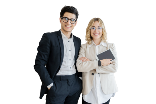 Managers a man and a woman in formal attire holding a laptop concept office employee, isolated transparent background.
