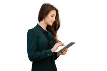 Female manager in a dress using a tablet in the hand of an office employee, isolated transparent background.