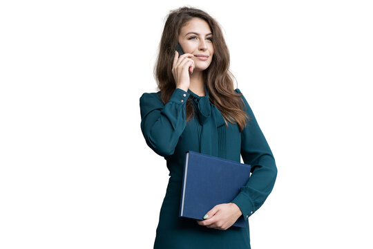 Business Person Woman Office Using Office Employee's Phone And Tablet, Isolated Transparent Background.