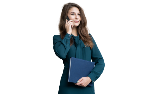 Business person Woman office using office employee's phone and tablet, isolated transparent background.