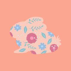 Happy Easter banner, poster, greeting card. Trendy Easter design with typography, bunny silhouette and flowers in pastel colors. Modern minimalist style