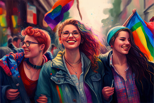 Gay-friendly LGBTQ rainbow flag at Pride. Group of girls walking.