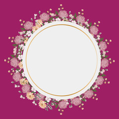 circular frame with flowers. floral frame in pink background, colorful floral card.