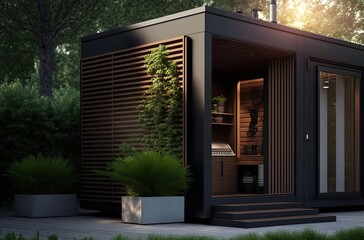  illustration of outdoor sauna cabin with nature green garden Generative Ai	