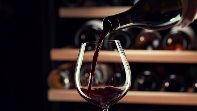 Close up female hand pouring red wine to wine glass. Wine expert, sommelier tasting, rating and drinking wine, bottles in background. Restaurant, wine bar, waitress. Slow motion video.