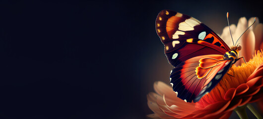 Fototapeta na wymiar butterfly sitting on a flower, panoramic layout. Generative Ai