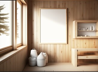 illustration of mock-up wall decor frame, empty frame on wooden wall in sauna room or rest room Generative Ai	