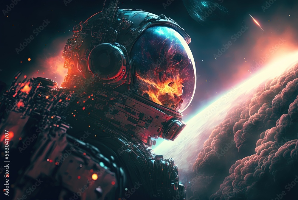 Wall mural close up astronaut with universe gradient color sky as illustration background idea for sci-fi theme