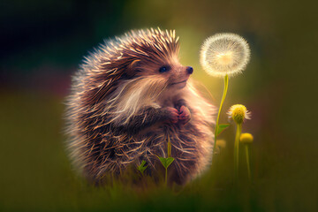 Cute Hedgehog With Dandelion Generative