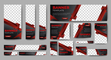 set of creative web banners of standard size with a place for photos. Gradient black. Business ad banner. Vertical, horizontal and square template.