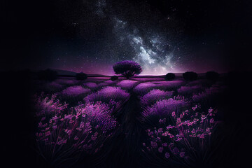 Lavender field at starry night. Generative Ai