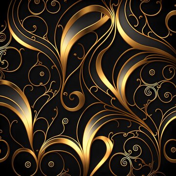 An Abstract Seamless Pattern Of Gold Baroque Curves And Lines On Black Background, Intricate, Gold Speckles 