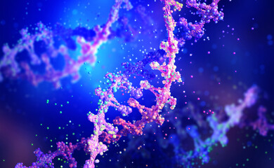 Molecule, DNA helix 3D illustration. Medicine, microbiology, genetics. Human genome research in an innovative way. Fantastic microcosm in microscope
