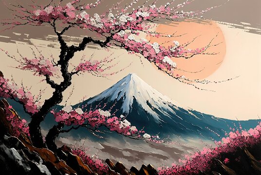 oil painting style illustration background of spring landscape of fuji mountain with sakura flower tree Generative Ai	