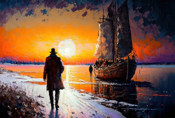 oil painting style illustration, a person journey collection set, a man walking on riverside with big vessel boat at shore Generative Ai	