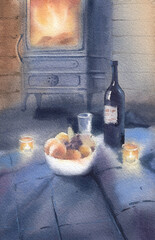 Romantic dinner by the fireplace. Handmade drawing in watercolor for postcards and prints.
