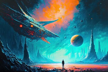 oil painting style illustration of a  person stand in front of space landscape with glow light in neon tone color, idea for futuristic fantasy sci-fi theme background and wallpaper Generative Ai	